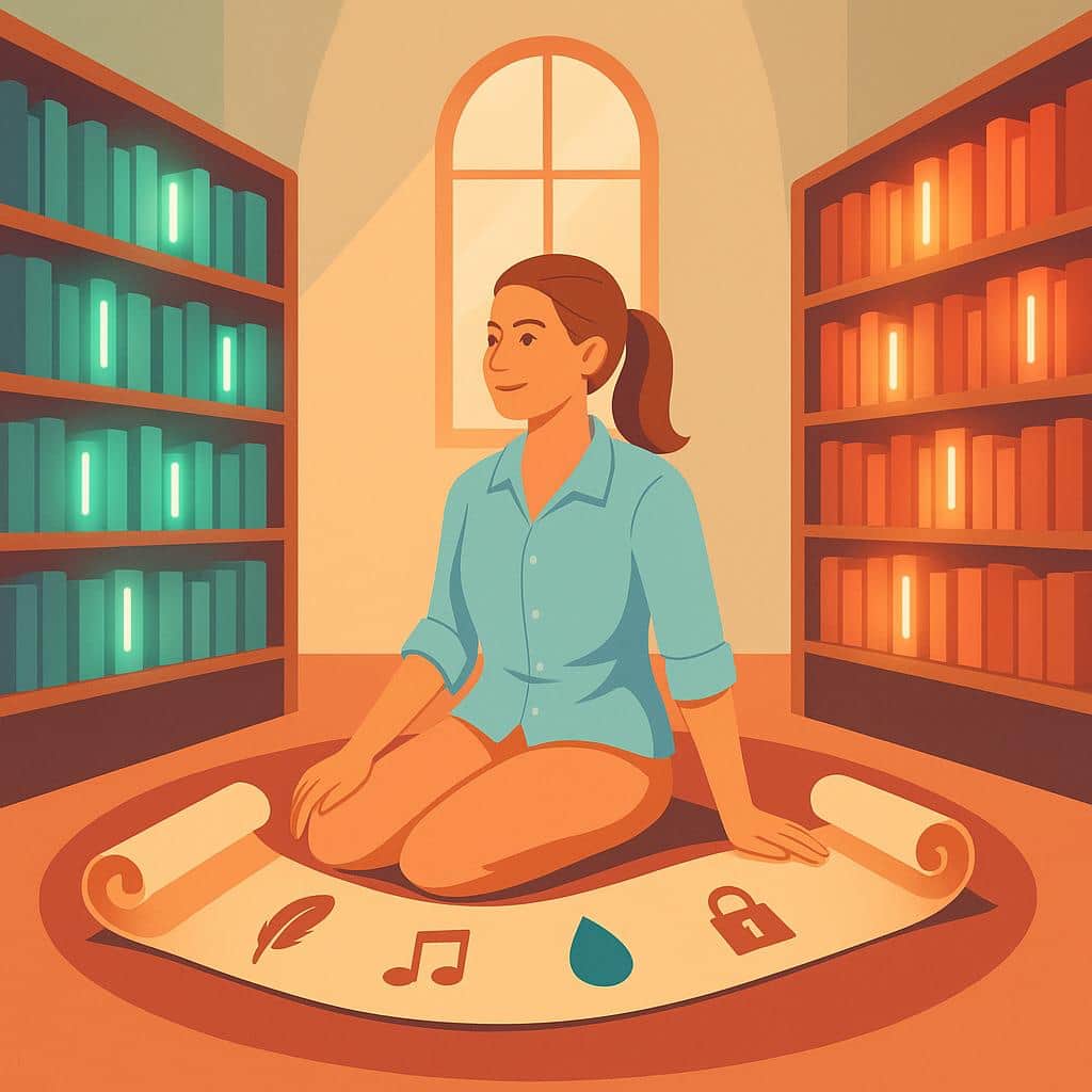 Abstract flat vector illustration of a colorful library interior with a softly glowing scroll unfurled across the floor, featuring icons of a feather, musical note, water droplet, and open lock, symbolizing progress and relief after pelvic floor physical therapy.
