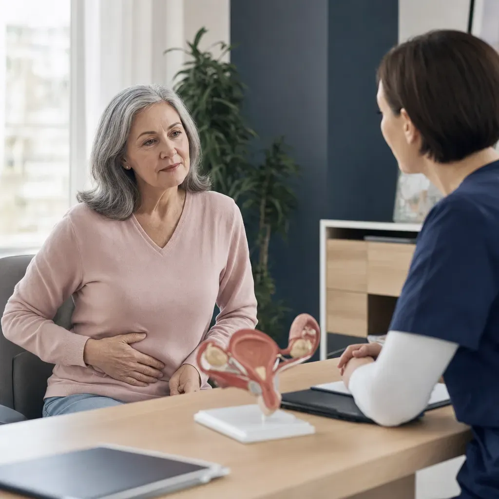 An older woman discusses lower abdominal symptoms with a clinician beside a pelvic anatomy model.