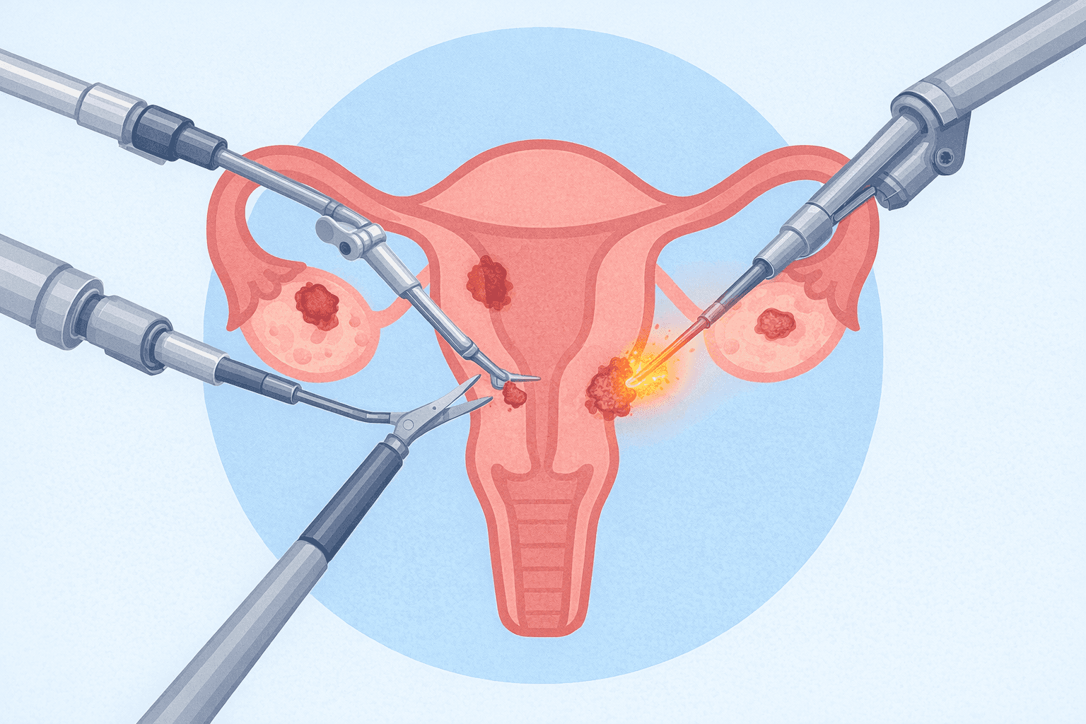 A flat vector illustration of a robotically assisted endometriosis excision surgery