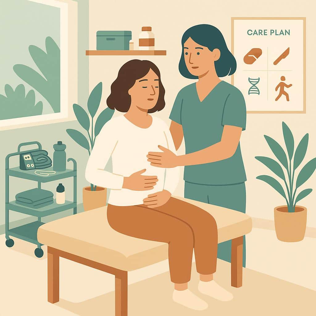 Eye-level flat illustration of an integrative pelvic health clinic where a therapist guides a patient’s breathing, with nearby tools and icons for TENS, acupuncture, supplements, surgery consult, and nutrigenomic care.