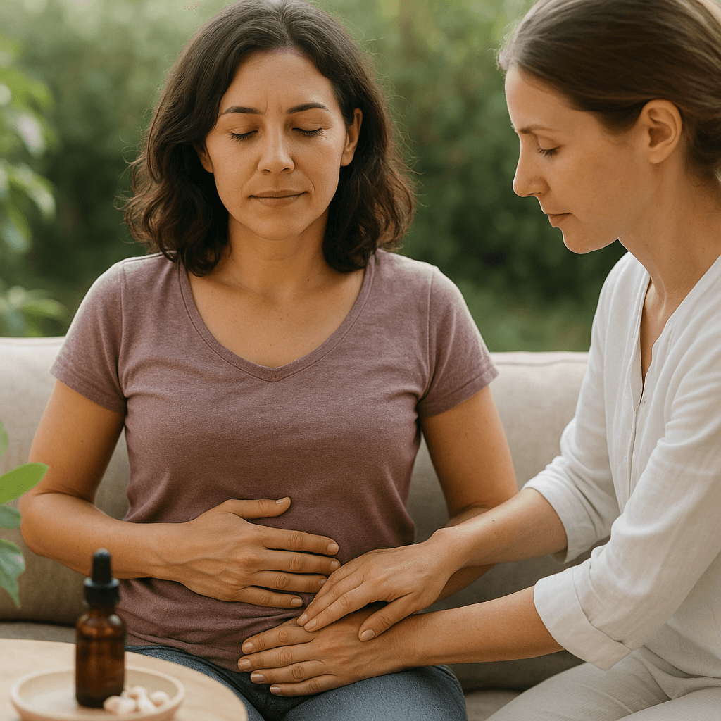 A woman sitting in a garden meditating to reduce stress and pain associated with endometriosis