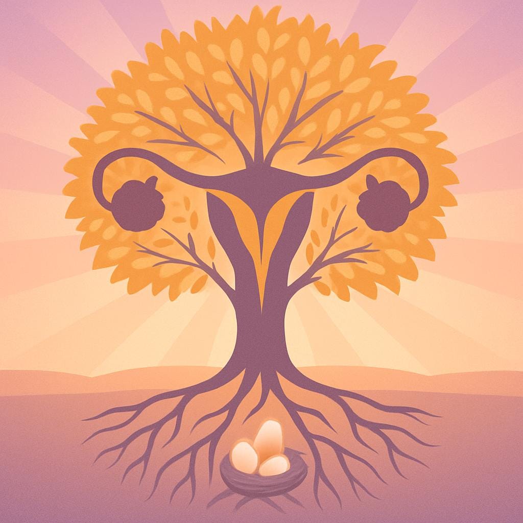 Flat vector illustration of a symbolic tree with roots and branches forming a womb silhouette and eggs among the roots, representing hope and fertility in adenomyosis.