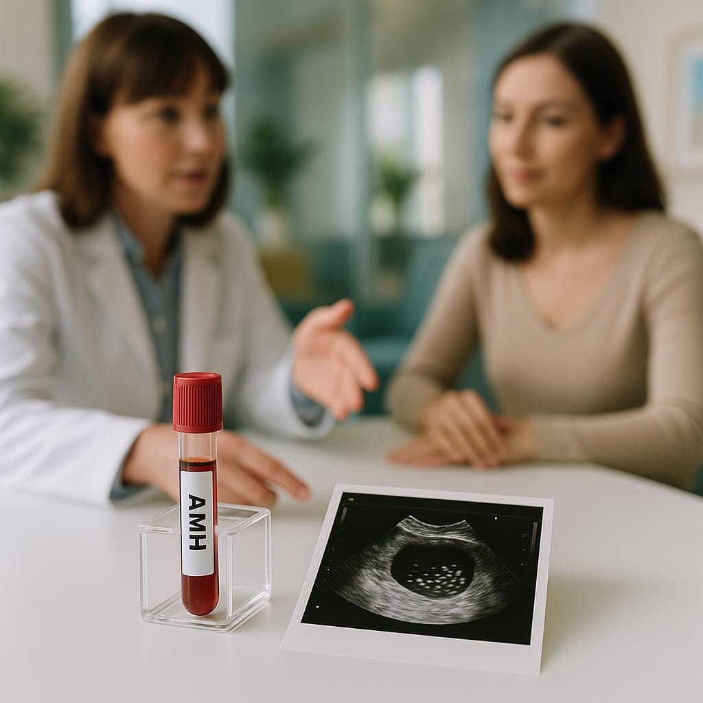 A fertility specialist compares a blood tube labeled AMH with an ultrasound printout of an ovary showing multiple antral follicles during a clinic consult.