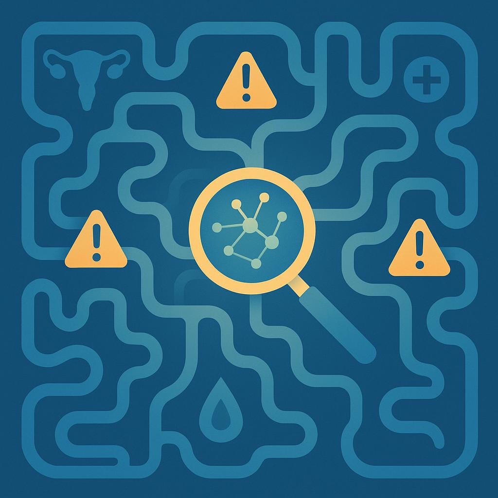 Flat vector illustration of an abstract maze with organic paths, subtle medical symbols, and a magnifying glass highlighting interconnected dots, symbolizing spotting early endometriosis symptoms and patterns.