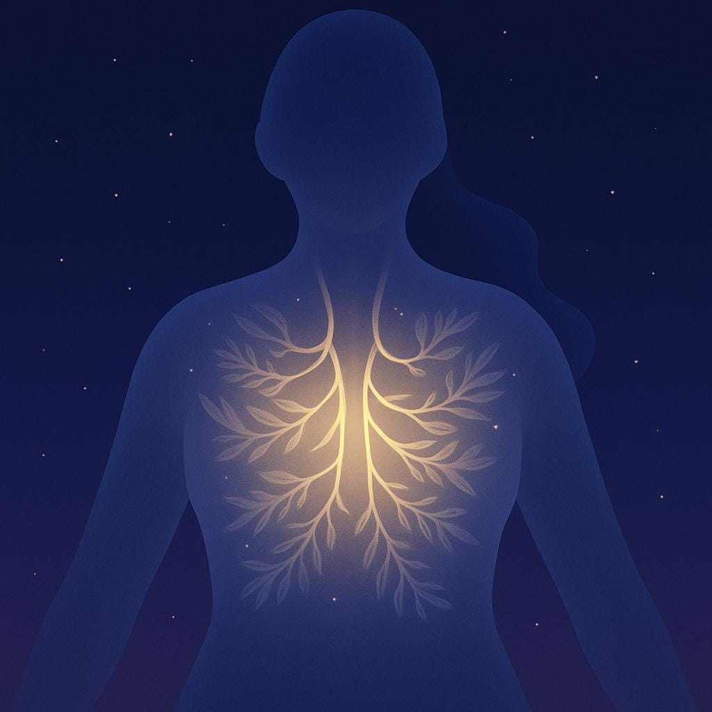 Flat vector illustration of translucent diaphragm and branching nerves intertwined with luminous fern motifs, seen from a top-down angle in a deep twilight color palette.