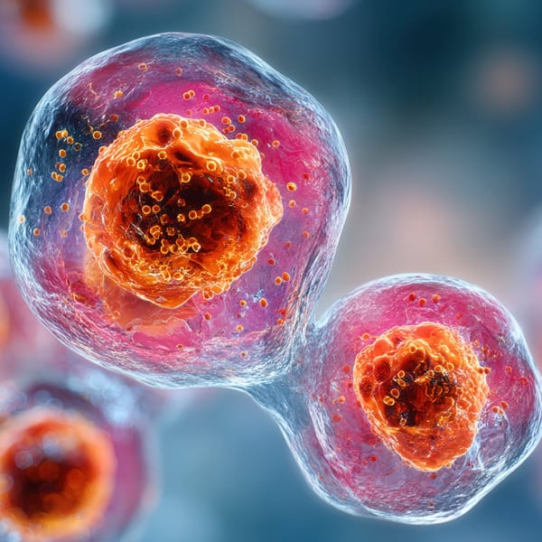 An abstract visualization of cells, transparent blue bubbles with orange nuclei