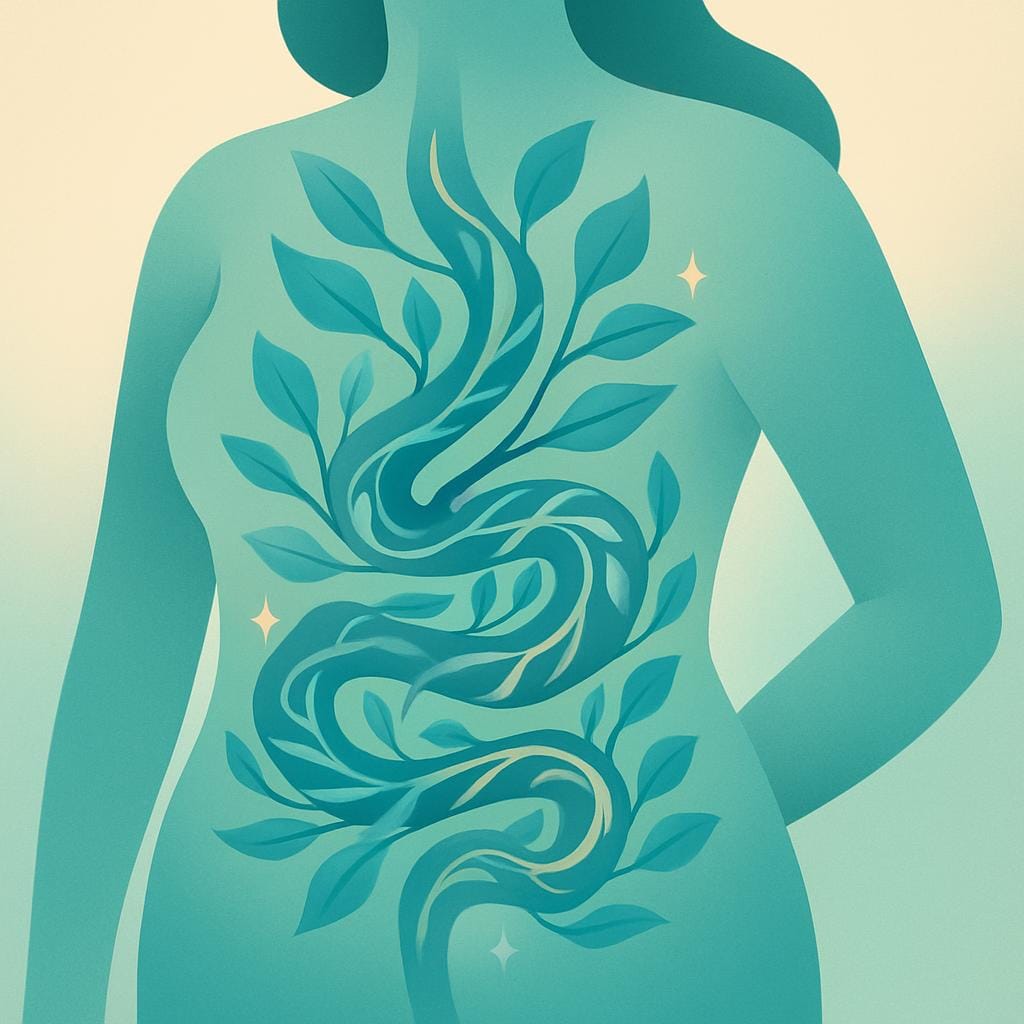 Abstract vector illustration of interwoven leafy vines forming a stylized digestive tract, symbolizing the connection between endometriosis and bowel health.
