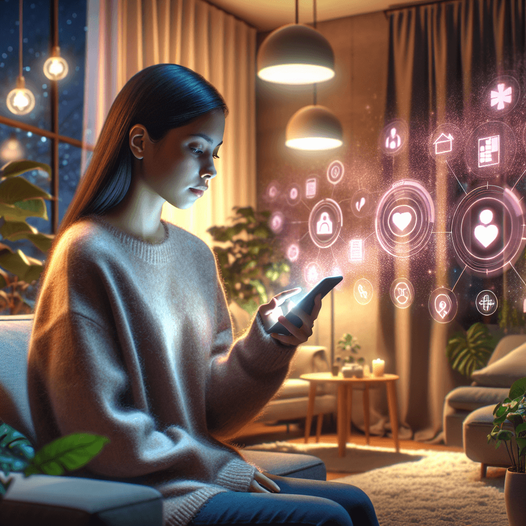 Young woman researching endometriosis surgery on her smartphone with floating holographic video icons.