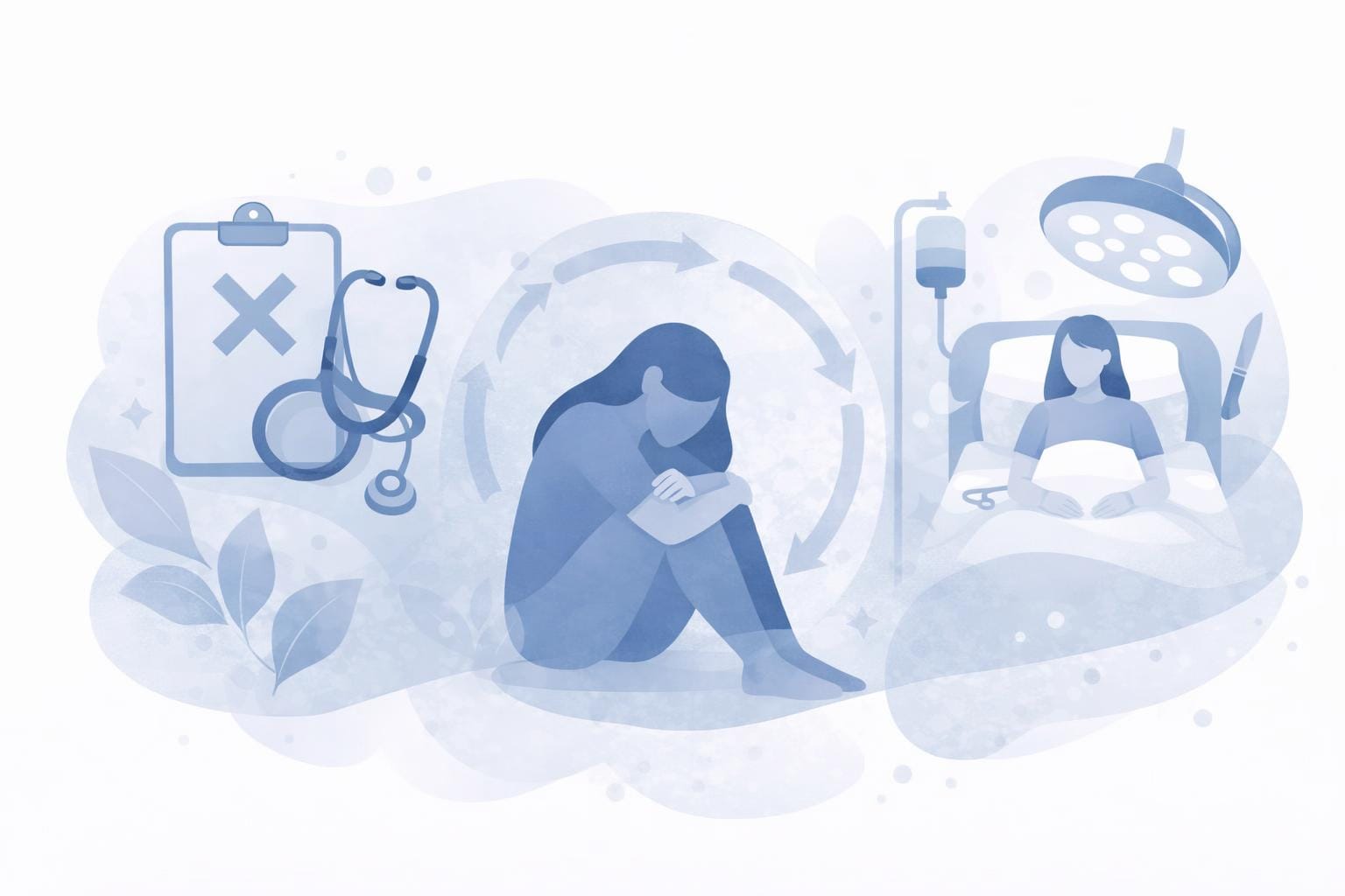 An illustration of a woman sitting between a hospital bed and clipboard showing failed tests, all surrounded by a circle of arrows depicting a cycle.