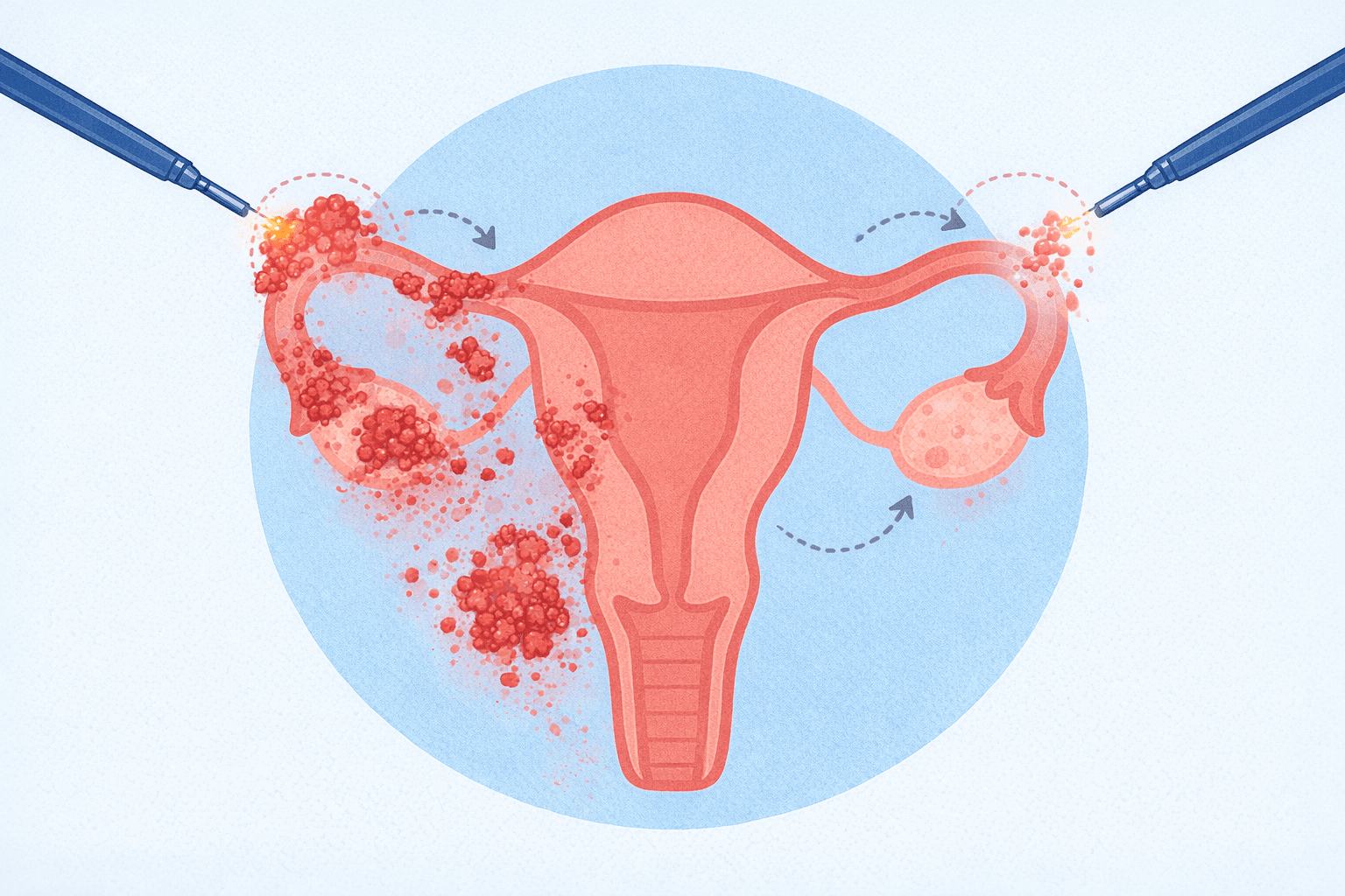 A flat illustration of advanced endometriosis cytoreduction, removing as much diseased tissue as extensively and carefully as possible.