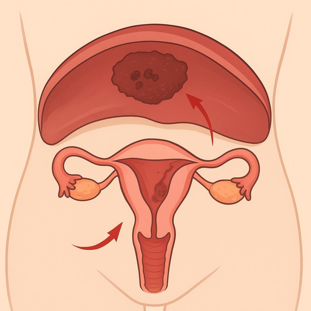 Diagram of diaphragmatic endometriosis showing a dark lesion on the diaphragm above the uterus, fallopian tubes, and ovaries, with arrows highlighting affected areas relevant to symptoms, diagnosis, and treatment.