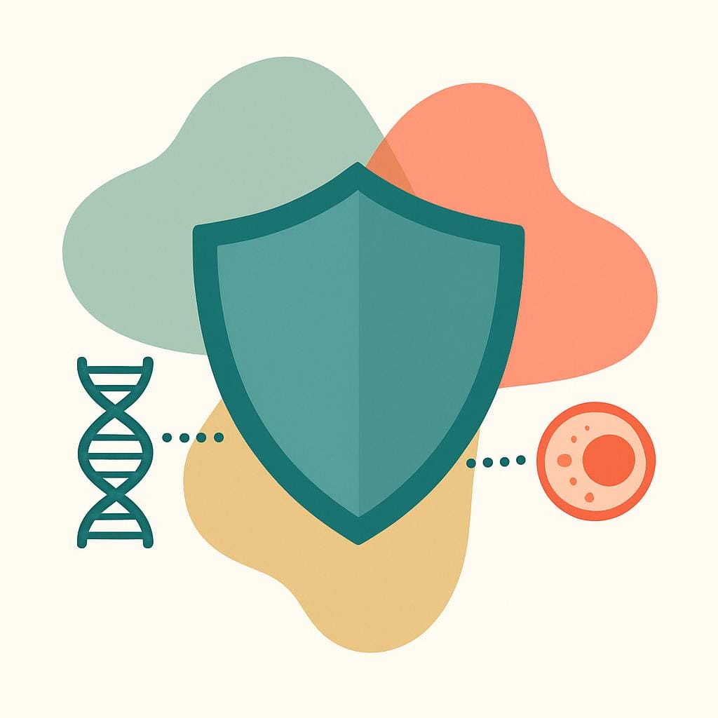 Flat vector illustration of an abstract shield surrounded by soft, colorful shapes and simple icons suggesting the limited link between endometriosis and cancer.