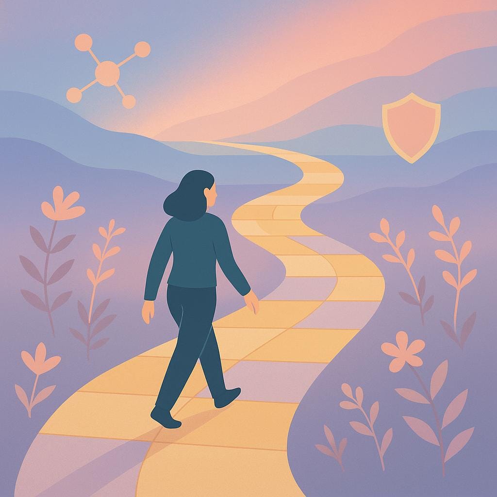Flat vector illustration of an abstract pathway with floral motifs, hormone and shield icons, symbolizing safe journey through menopause with endometriosis.