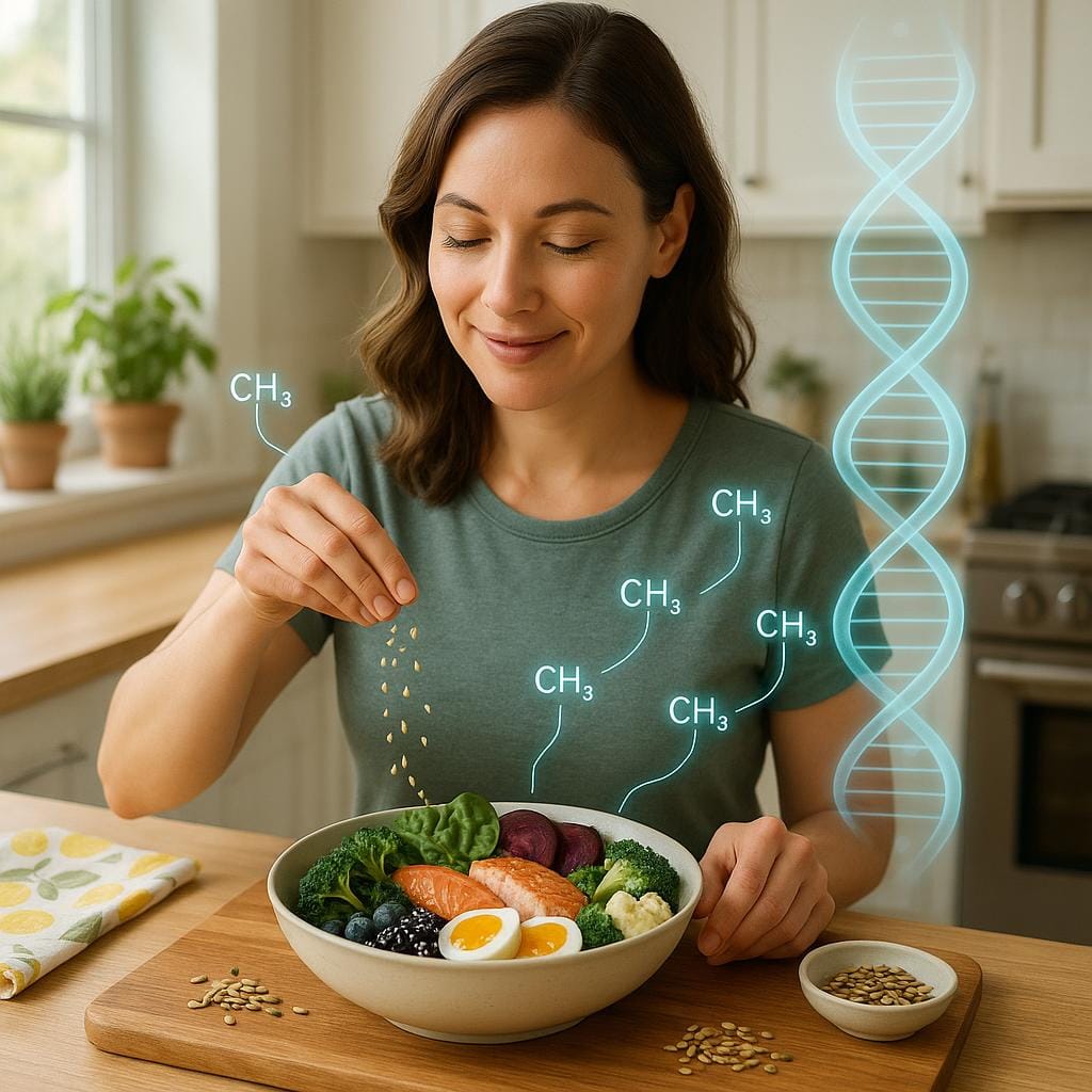 A woman prepares a vibrant, nutrient-rich meal in a sunlit kitchen as a subtle DNA helix with CH3 icons hovers over the ingredients to represent epigenetics and methylation.