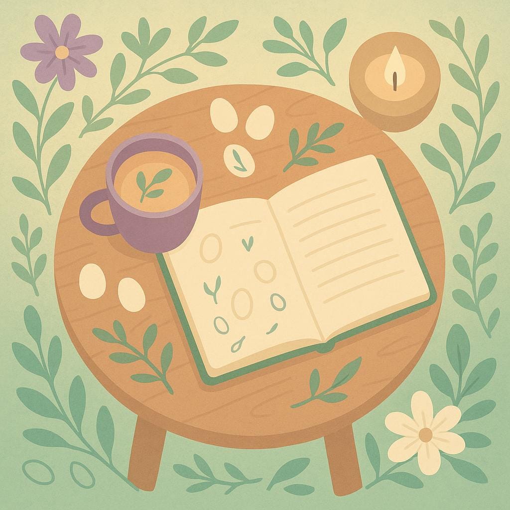 A top-down view of a peaceful garden table with an open journal, surrounded by plants, flowers, and gentle fertility symbols, representing calm planning and hope.