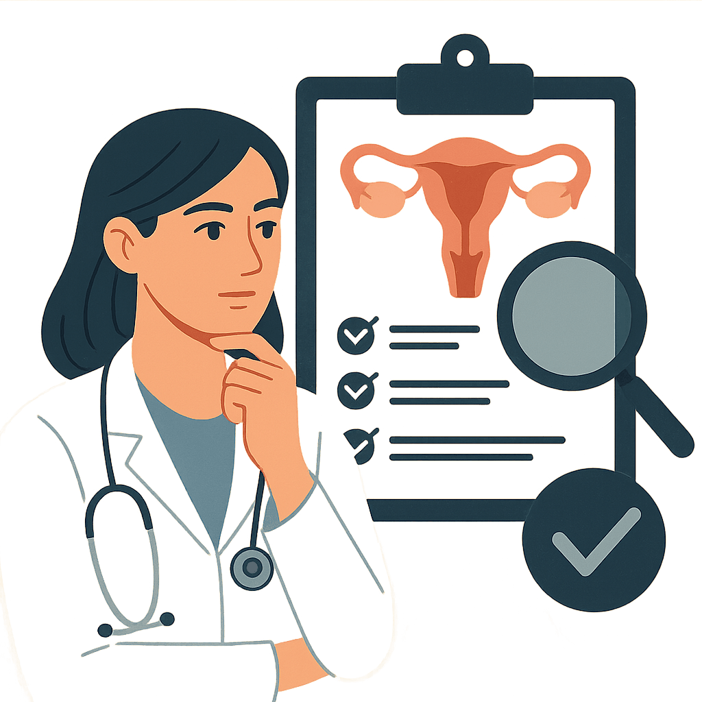 An infographic of a female doctor looking at a checklist assessing different endometriosis treatment options