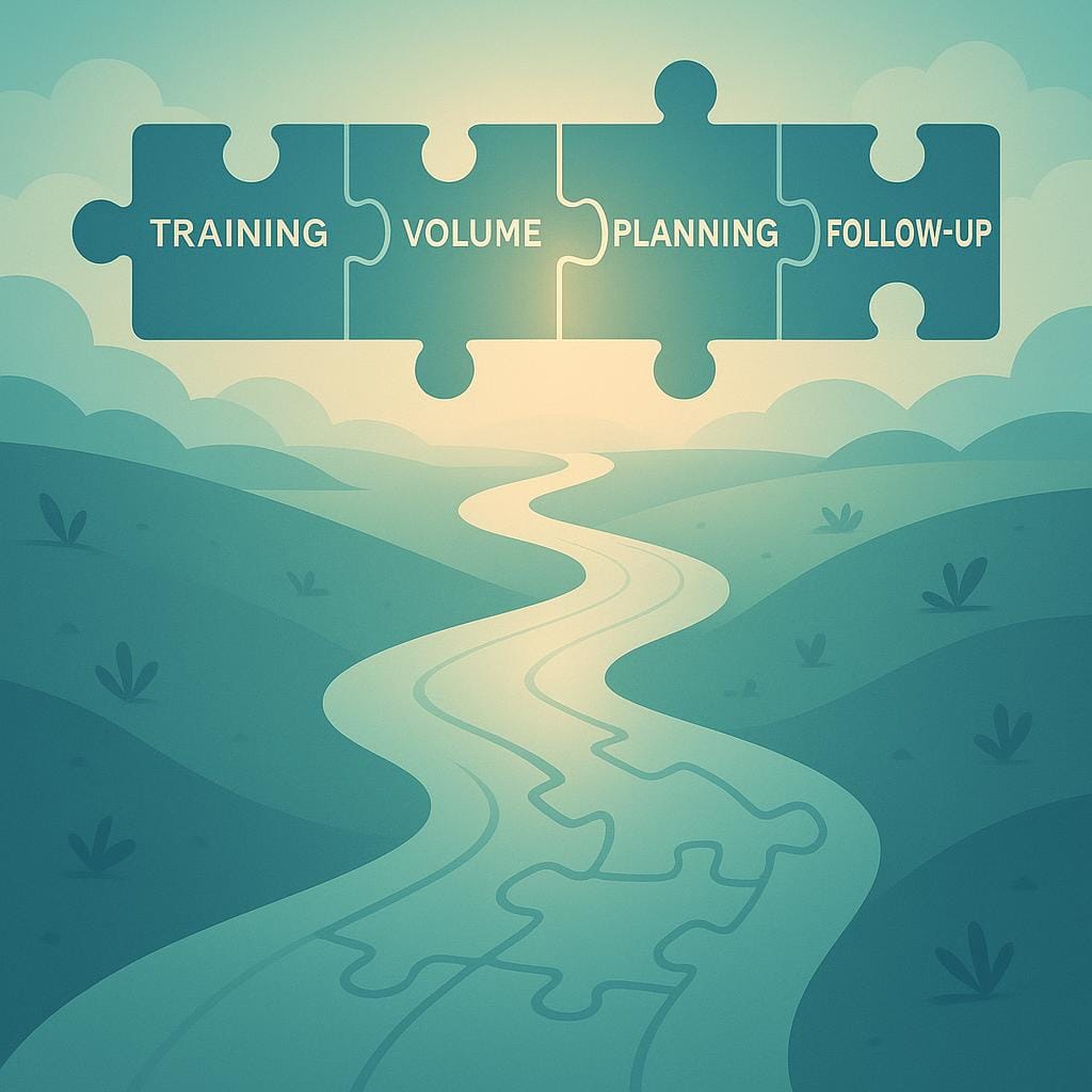 Abstract flat vector landscape with a river turning into interlocking puzzle pieces, symbolizing the journey and factors involved in finding the right surgeon.