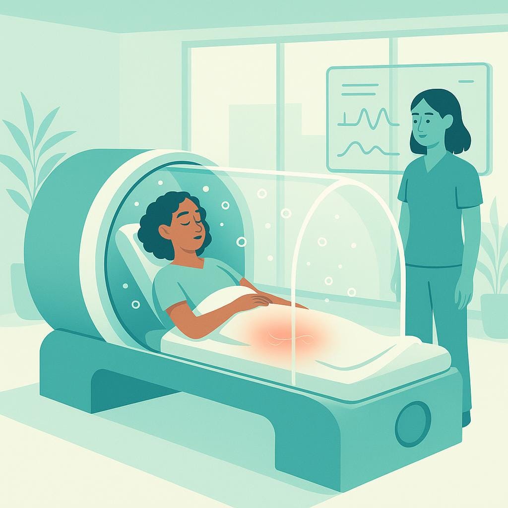 Flat vector illustration of a modern clinic showing a calm woman reclining in a transparent hyperbaric oxygen chamber, with subtle oxygen bubbles near the pelvis and a technician monitoring nearby.