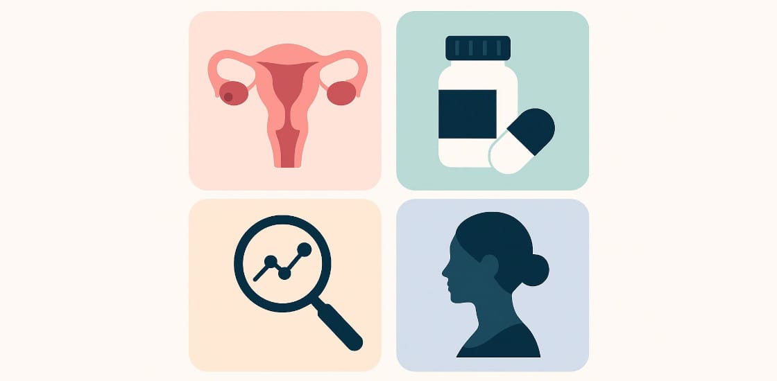 An illustration of 4 groups of content represented by 4 icons: a uterus, a pill container, a magnifying glass with a molecule in it, and a side profile of a female.