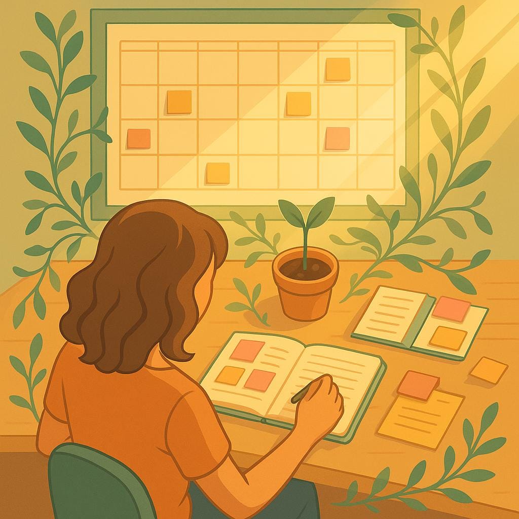 A flat vector illustration of a sunlit workspace with a calendar, open notebooks, botanical motifs, and a symbolic seedling in a pot, representing organization, planning, and hope in fertility care.