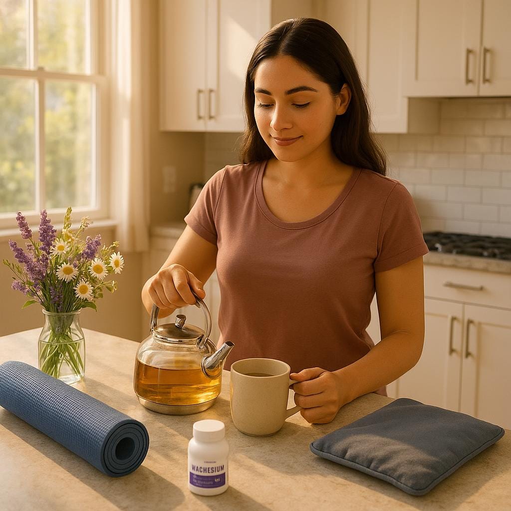Photorealistic image of a woman preparing herbal tea in a bright kitchen surrounded by supportive non-hormonal tools like a heating pad and yoga mat.