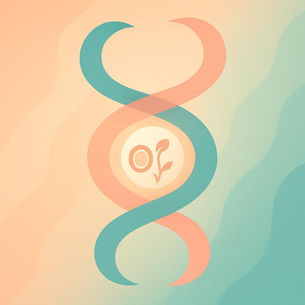 Flat vector illustration of two abstract, intertwining ribbons in teal and pink around a glowing orb, with fertility icons layered in the center, symbolizing the overlap of PCOS and endometriosis.