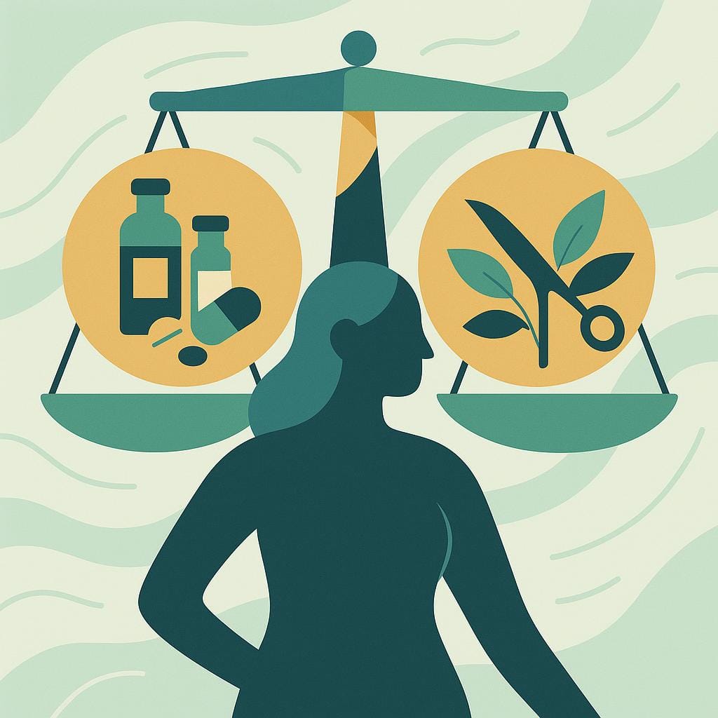 Abstract flat vector illustration of a symbolic scale balancing hormone treatments on one side and surgical tools with healing plants on the other, using mint green and gold tones.