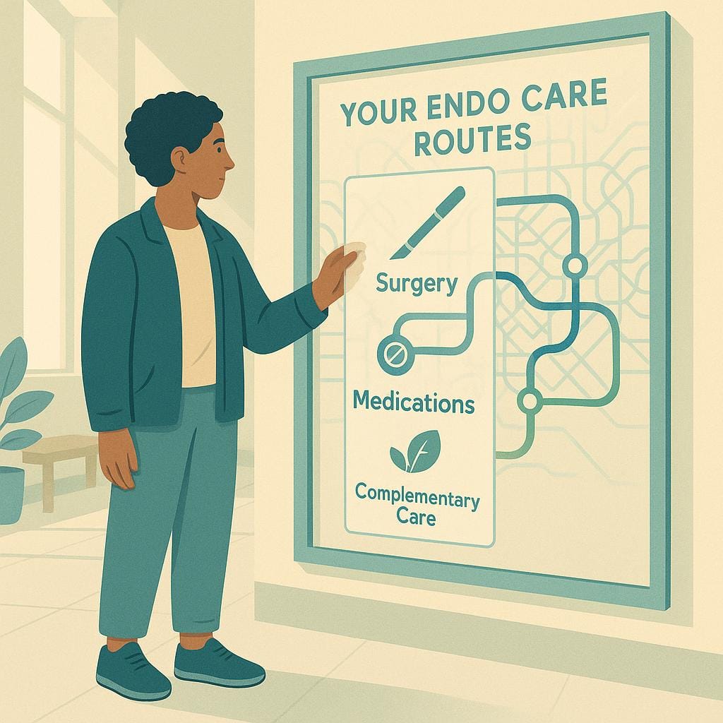 Eye-level scene of a person aligning a clear overlay on a transit-style care map to reveal three simplified routes—surgery, medications, and complementary care—signaling clarity amid mixed messages.