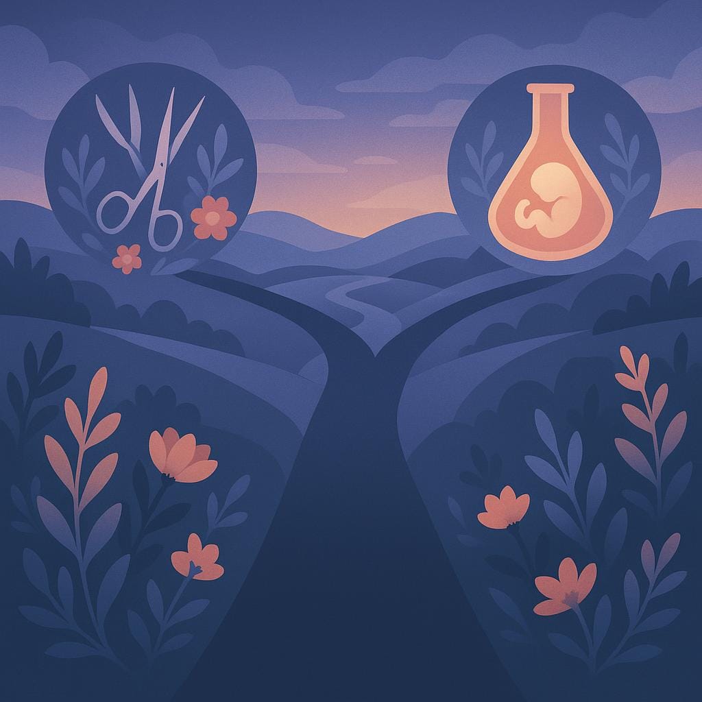 An abstract, flat vector illustration of a crossroads landscape with winding paths leading to symbolic representations of surgery, IVF, and their combination for endometriosis decisions.