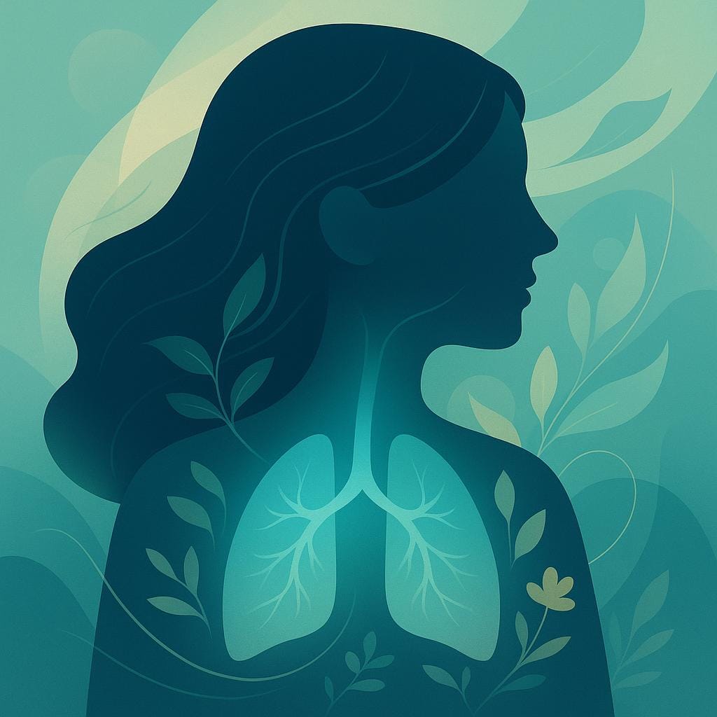 Flat vector illustration of a female silhouette with softly illuminated chest, surrounded by abstract flowing lines and gentle blue-green colors, symbolizing thoracic endometriosis.