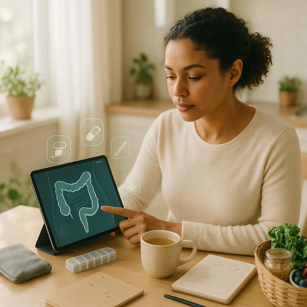 Eye-level photoreal scene of a woman at a sunlit kitchen table reviewing colon imaging on a tablet, with a symptom notebook, ginger tea, heating pad, pill organizer, and gut-friendly groceries to convey bowel endometriosis care and coping.