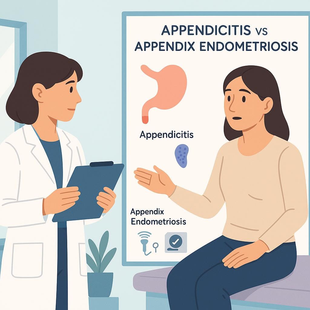 Flat vector clinic scene where a woman and clinician review a wall chart comparing appendicitis with appendix endometriosis, with icons showing why scans can miss endo.
