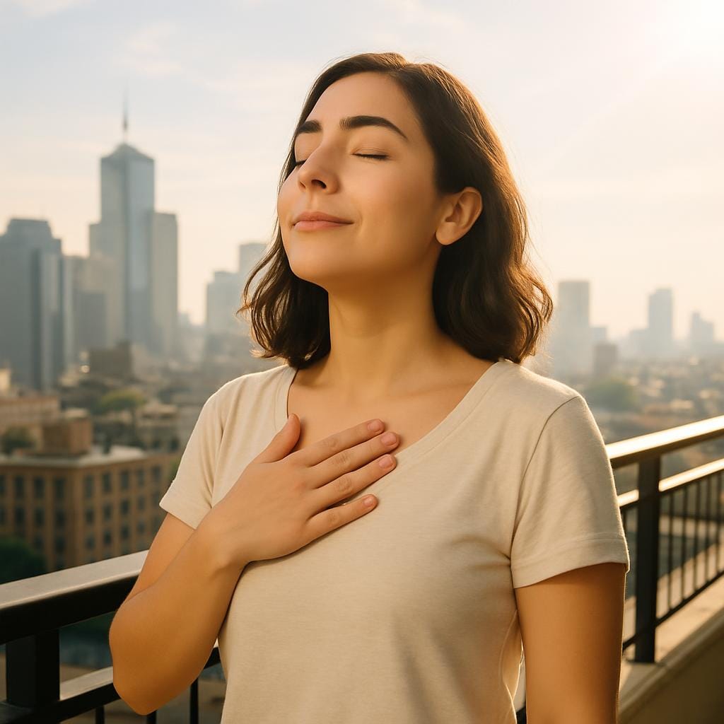A photorealistic image of a woman standing on a balcony in morning sunlight, peacefully taking a deep breath with a city skyline behind her, symbolizing lung health and relief.