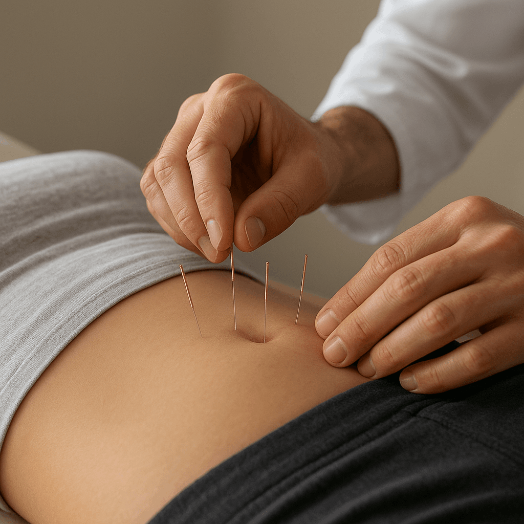 Acupuncture needles applied near the lower abdomen and legs to help relieve endometriosis-related pelvic pain.