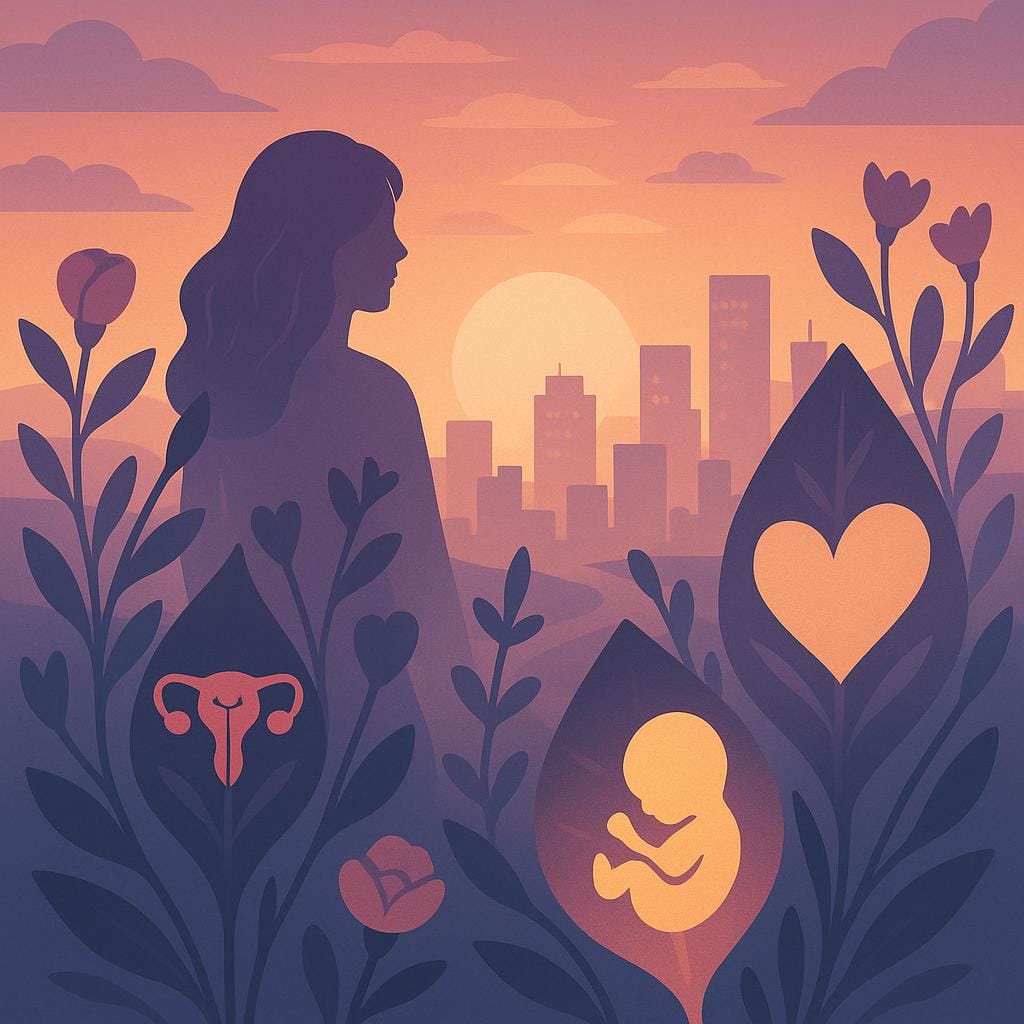 A flat vector illustration of plants with symbolic uterus and embryo icons in the leaves, set against a sunrise and city backdrop, representing hope and planning for pregnancy.