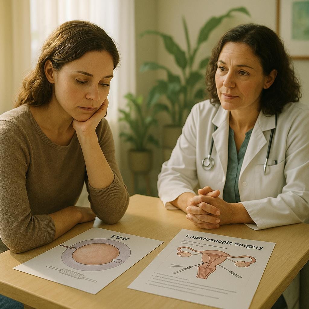 A modern consultation room with a woman discussing fertility options with a female doctor, visual aids for IVF and surgery on the table.