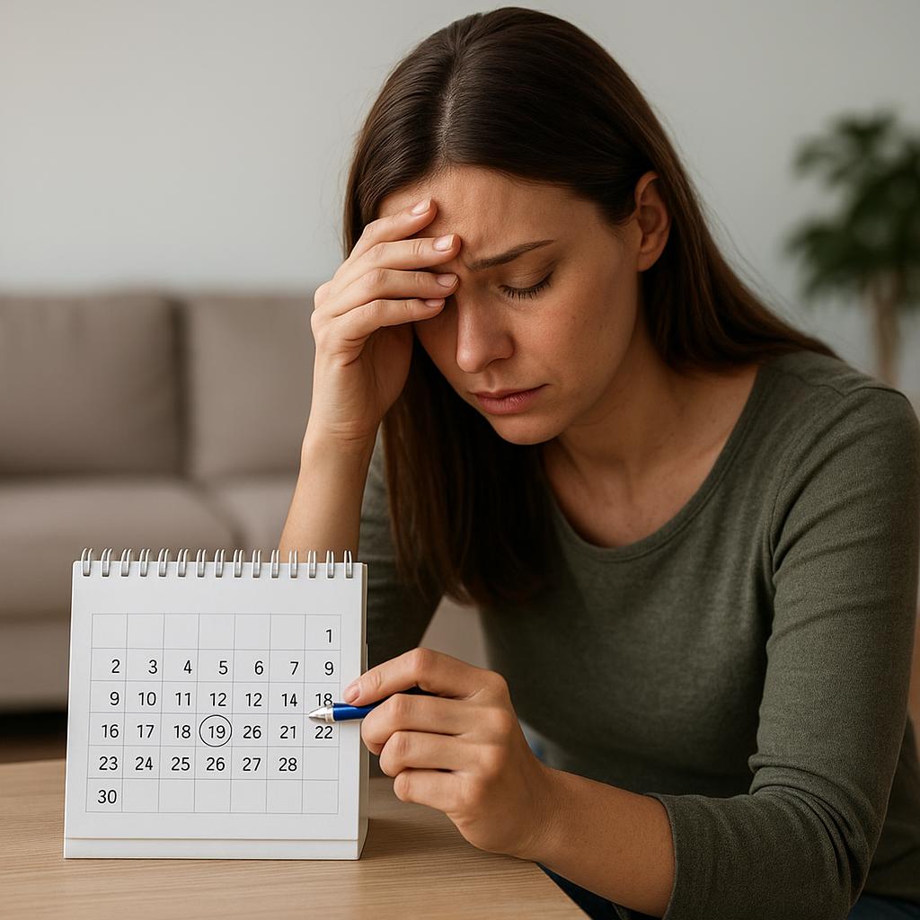 Woman holding her head in pain while looking at a calendar, symbolizing menstrual struggles and fertility concerns related to endometriosis.