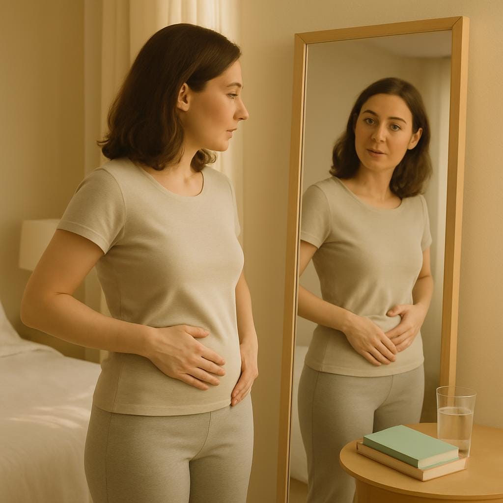 Photorealistic image of a young woman thoughtfully checking her waistline in a softly lit bedroom, conveying body awareness and lifestyle changes with endometriosis.