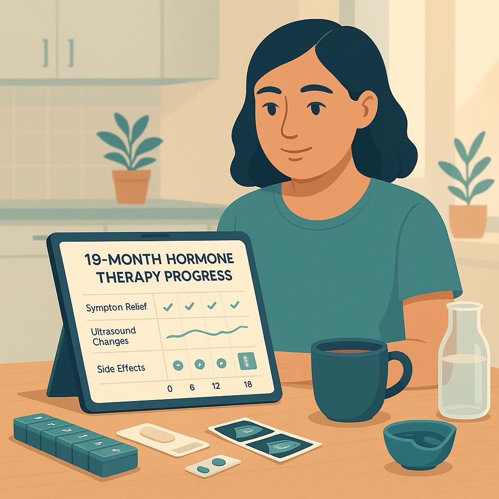 A woman sits at a sunlit kitchen table reviewing an 18‑month hormone therapy timeline on a tablet, with a pill organizer and clipped ultrasound printouts beside her.