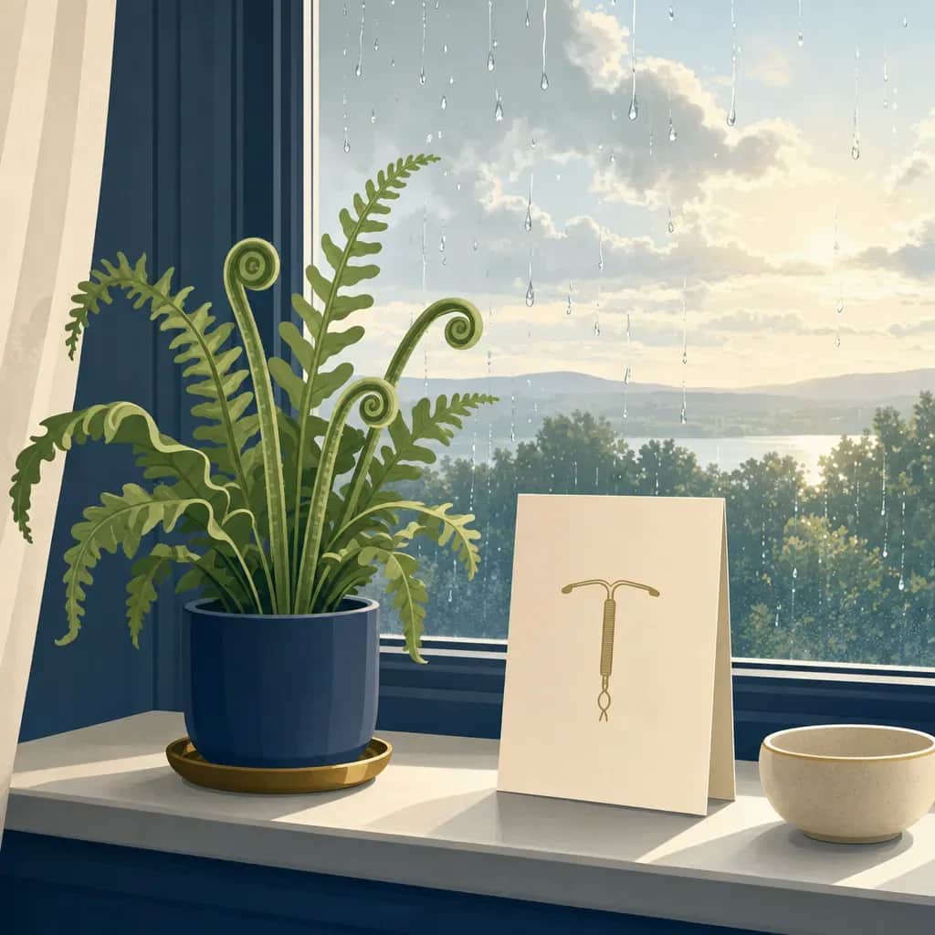 A fern and a card with a small IUD icon sit by a rain-streaked window as daylight breaks through.