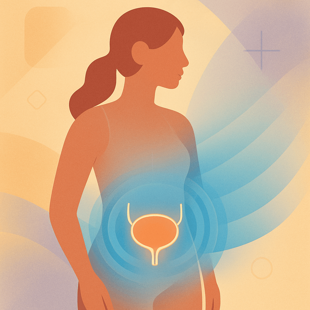 Abstract flat vector illustration of a female figure viewed from the side with a subtle bladder highlight, surrounded by imaging-inspired geometric patterns to evoke diagnostic clarity.