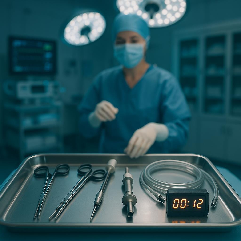 POV of a female surgeon arranging laparoscopic instruments beside a running digital timer in a clean, modern OR prep area.