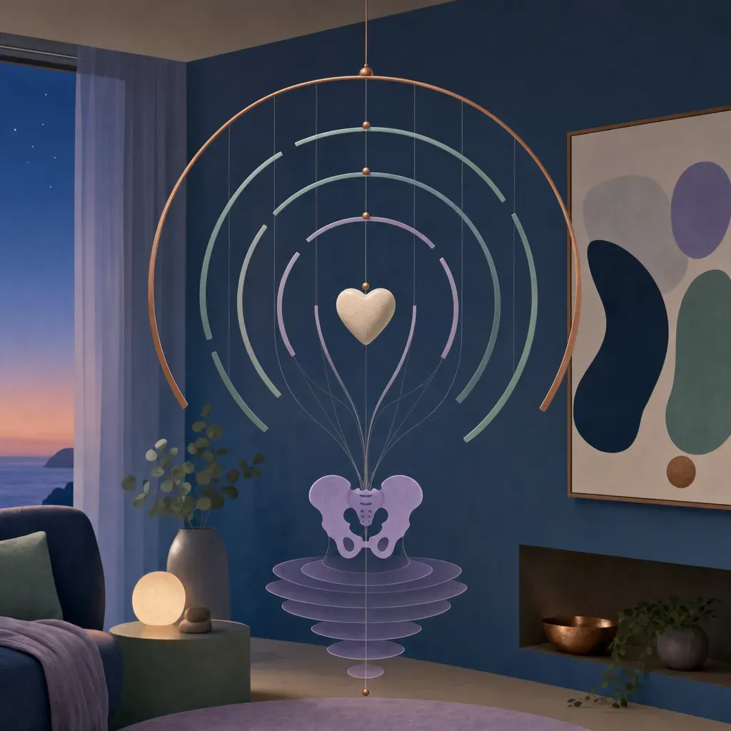 A sculptural mobile links varied heartbeat rhythms with gentle ripples around a pelvic outline.