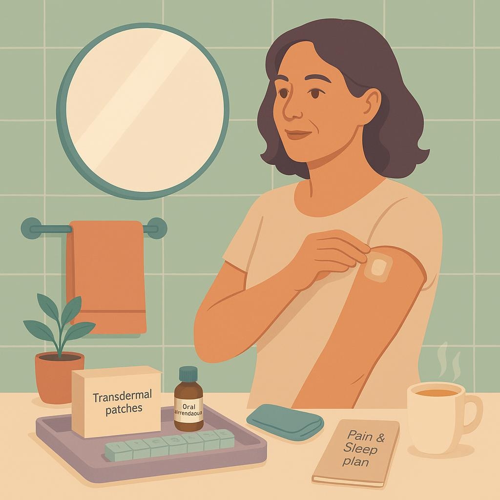 Eye-level vector scene of a midlife woman applying an HRT patch in a sunlit bathroom beside a tidy tray of pain-relief and self-care items.