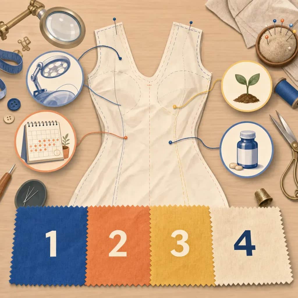 Four numbered fabric swatches sit beside a tailored pattern incorporating symbols for surgical findings, symptoms, fertility goals, and treatment.