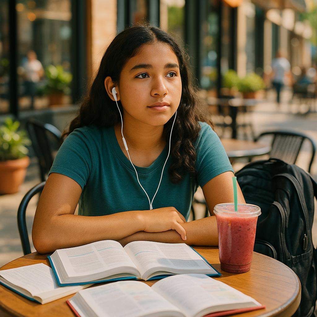 A thoughtful teenage girl sits at an outdoor café table with schoolbooks and a drink, looking contemplative, in a vibrant, sunlit setting.