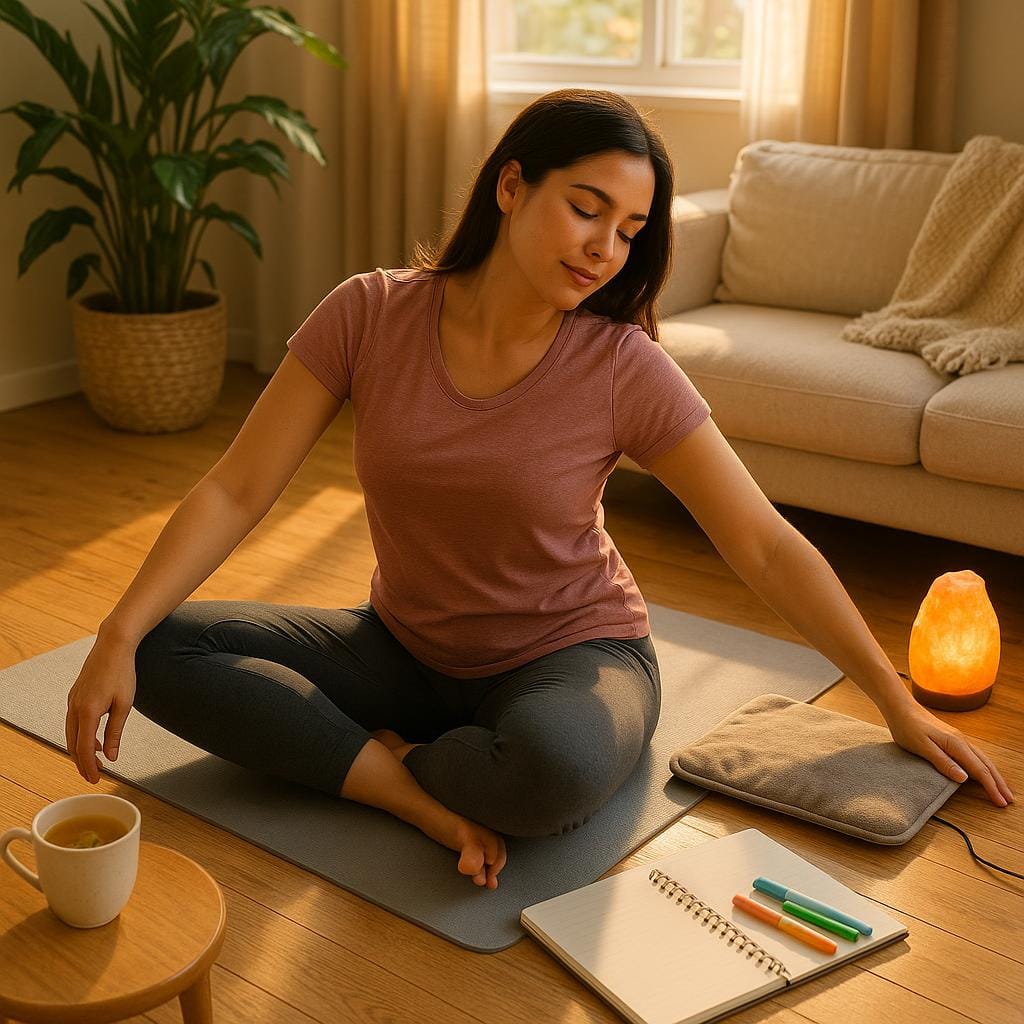 A photorealistic scene of a young woman practicing gentle yoga in a bright, peaceful living room with wellness tools like tea, a heating pad, and a notebook nearby.