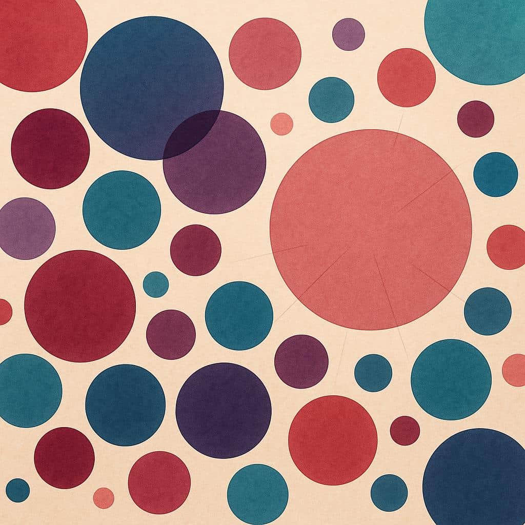 Abstract flat illustration of overlapping translucent circles in rich reds and purples, with one larger outlined circle among them, symbolizing variation and potential red flags in period clots.