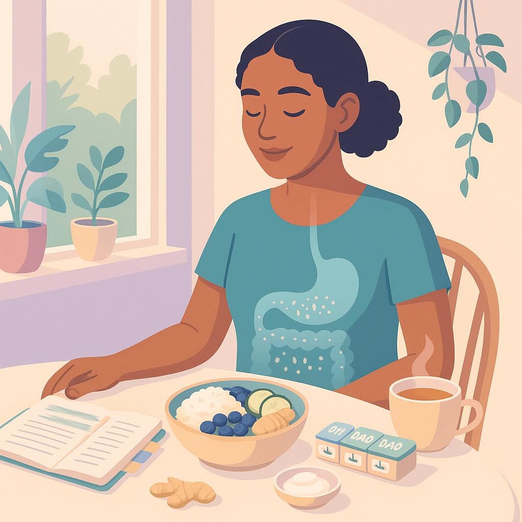A woman reviews a symptom journal at a bright dining table with low-histamine foods and a pill organizer, while a subtle translucent gut-and-pelvis graphic hints at links between mast cells, endometriosis, and gut health.