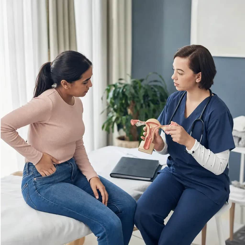 A patient with persistent pelvic pain discusses a model of the uterus, bladder, and bowel with a clinician after endometriosis surgery.